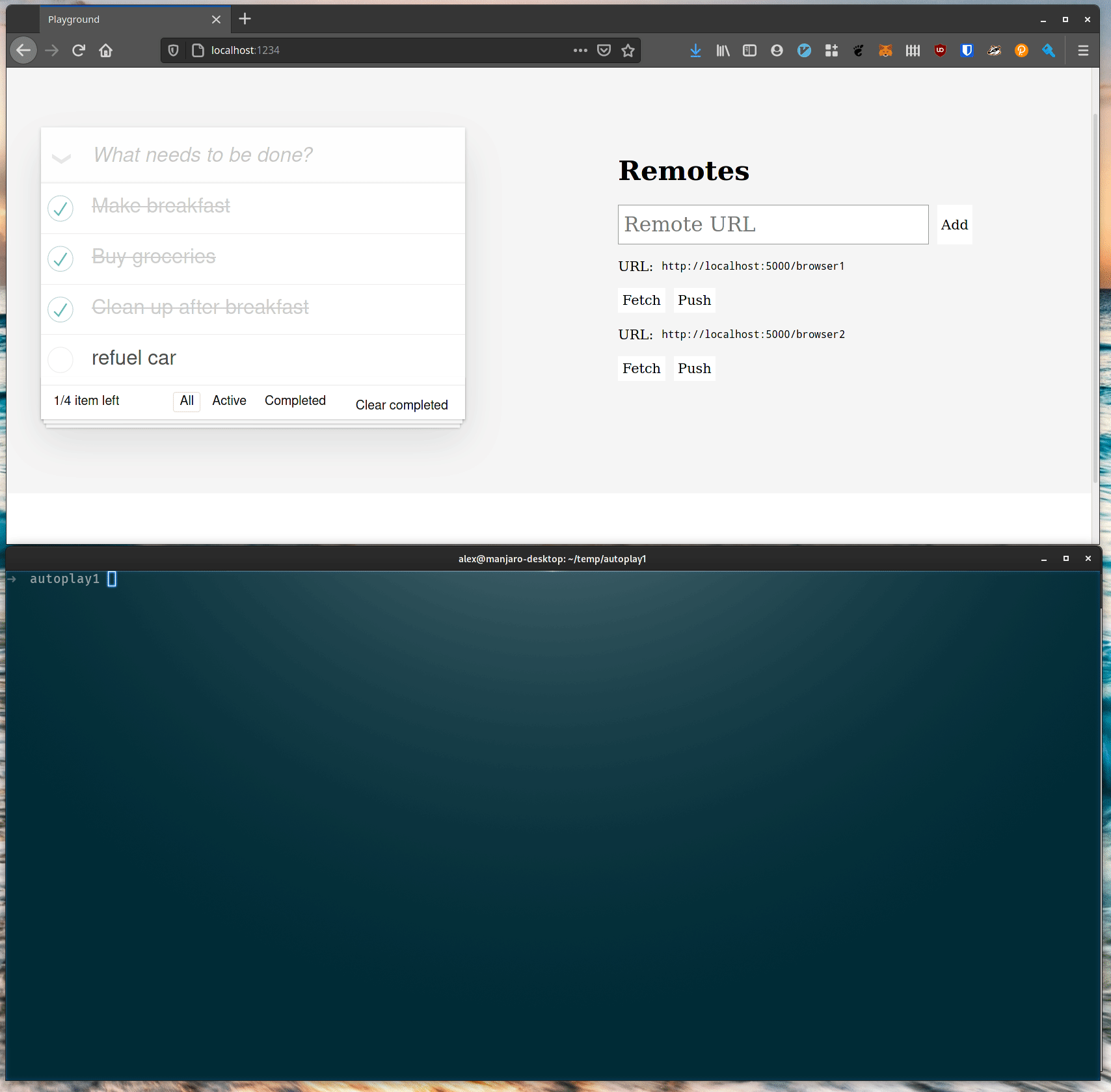 A gif showing a browser window with a todo list in it and a terminal window. The operator types ‘curl localhost:5000/browser1 | automerge export’ into the terminal and JSON represting the todo list is printed to the terminal