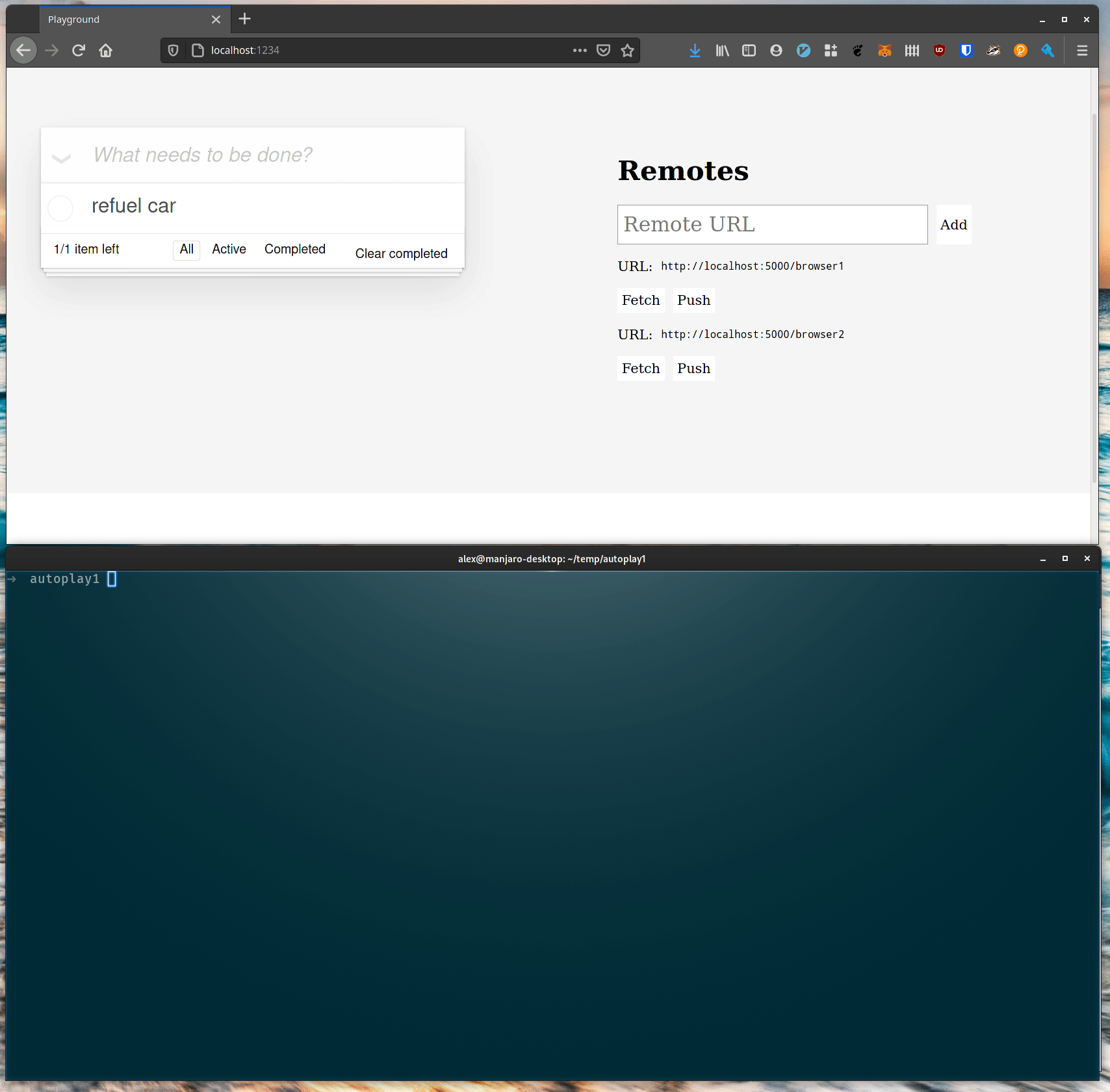 A gif showing a browser window with a todo list in it, and a terminal window. The operator uses the terminal window to merge the files from the two browser windows and add a new todo list item before pushing to a new peer. The operator then pulls from the new peer in the first browser window to show the merged todo list