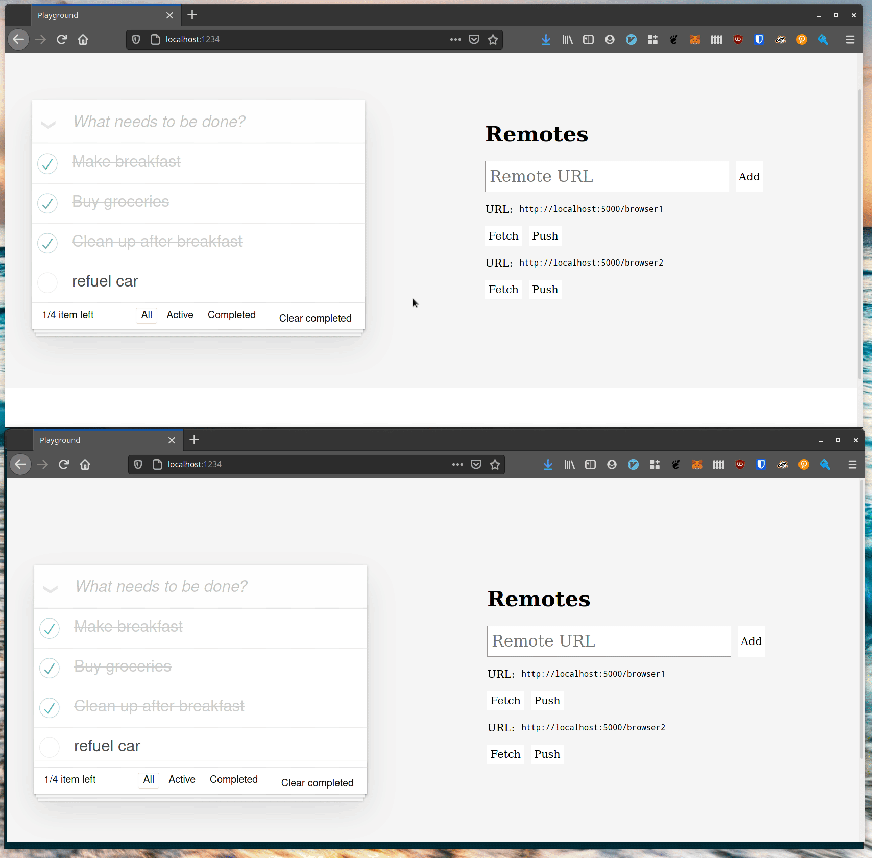 A gif showing two browser windows with a todo list in each. The user makes different changes in each one and pushes the changes to two different remotes. Then a terminal window appears and the user fetches the changes from each remote, pipes them through cat and from there through automerge export to show the merged changes