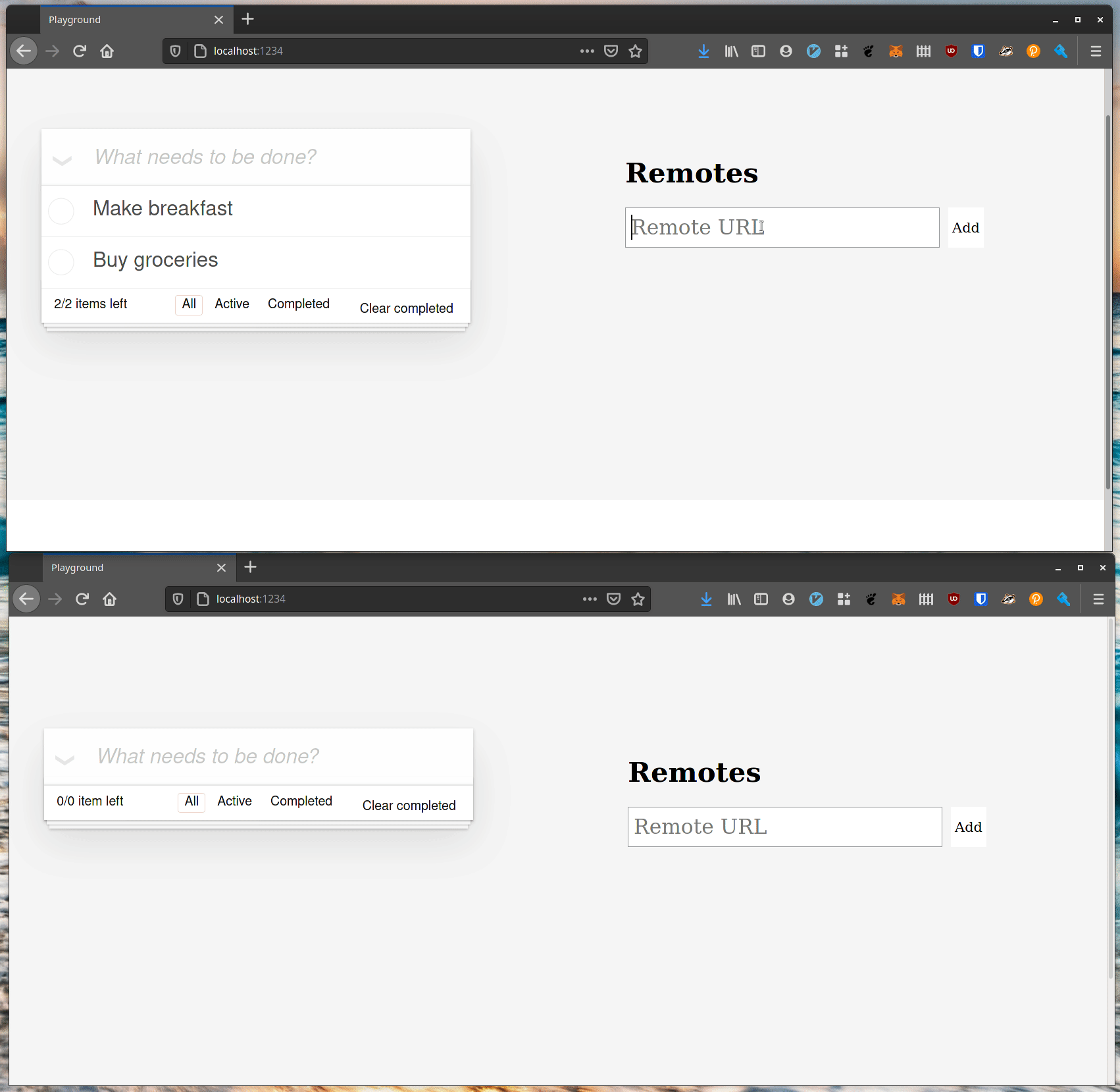 A gif showing two browser windows with the todo list application open in it. The user adds a remote for each browser to the side bar, then makes edits in each window and shows the edits being synchronised between the two windows